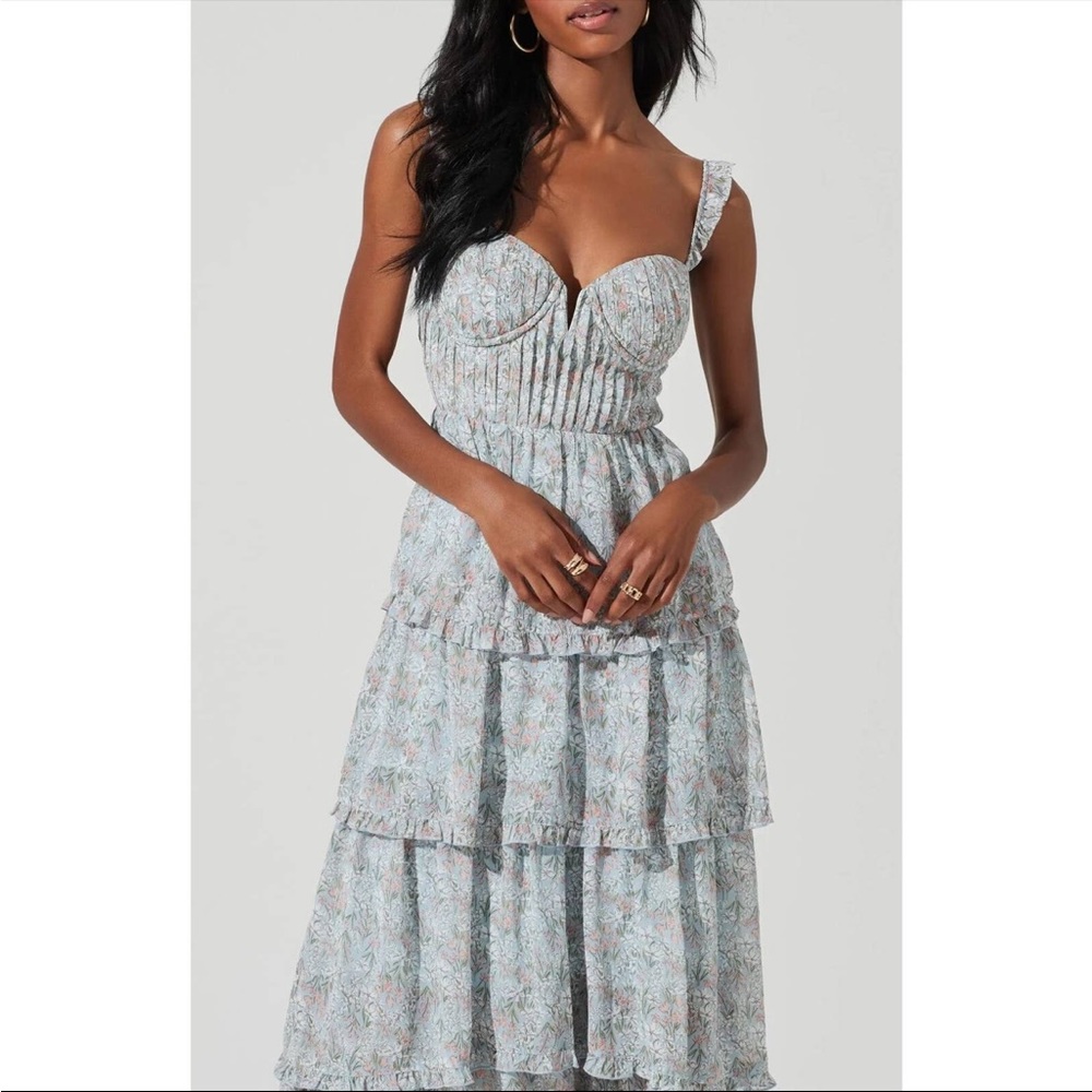 NWT ASTR the label Women's Flutter Strap Floral Tiered Maxi Dress in Light Blue